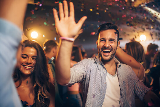 evening party with young people celebrating and dancing under confetti in dark
