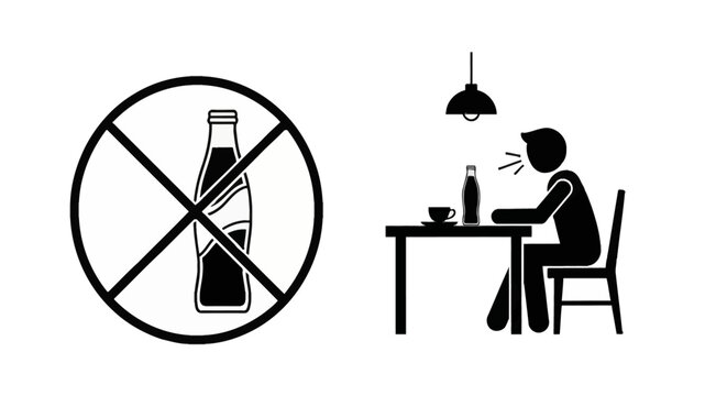 Vector illustration of a prohibition sign over a soda bottle next to a stick figure man sitting at a table refusing a sugary drink, representing healthy lifestyle choices.