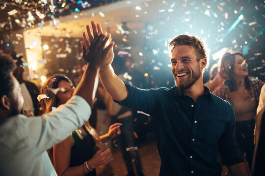 evening party with young people celebrating and dancing under confetti in dark