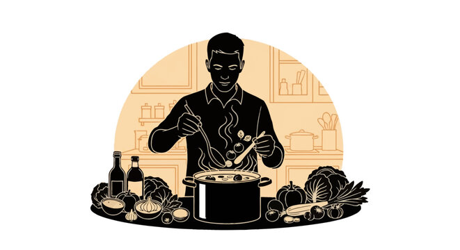 A flat vector illustration of a male chef or home cook stirring a steaming pot of vegetable soup in a kitchen, surrounded by fresh garlic, tomatoes, and organic greens.