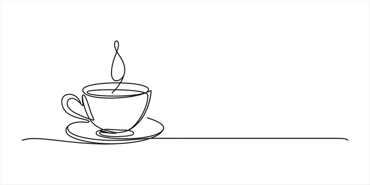 Continuous single line drawing of a hot coffee cup with steam on a saucer for a simple minimalist cafe concept illustration with plenty of copy space area Vector, illustration