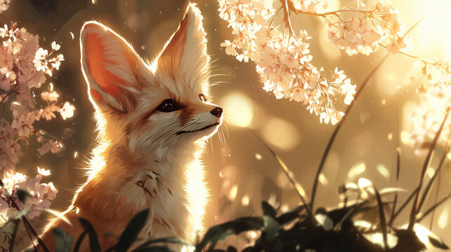 A fennec fox is shown in a sun drenched setting, looking towards the right with a happy expression, its mouth slightly agape. Ai generated