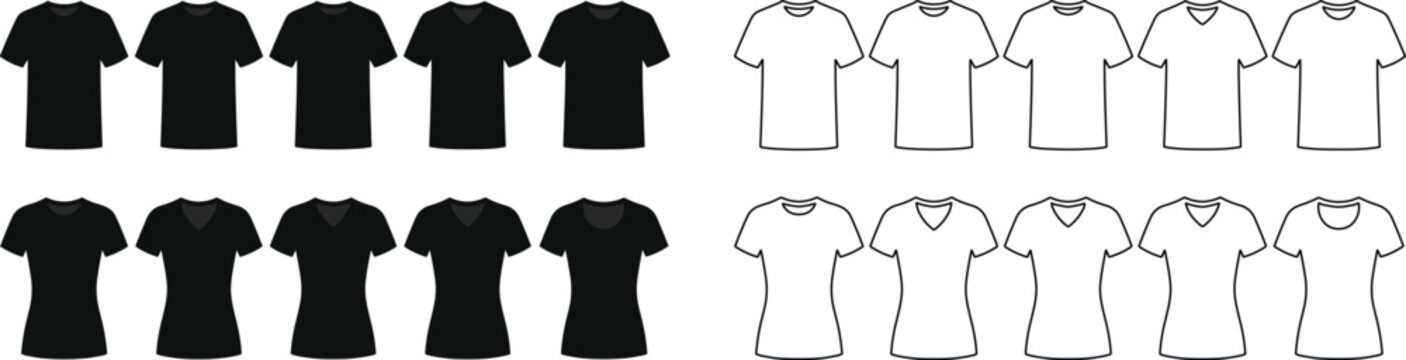 Set of blank black and white t-shirt mockups with various necklines including crew neck and v-neck for apparel design
