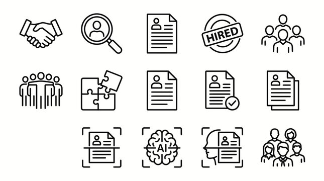 A collection of fourteen distinct blackline icons arranged in a grid featuring symbols related to recruitment and AI