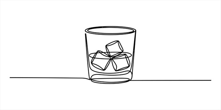 Continuous single line drawing of a glass of whiskey with ice cubes inside for a bar menu or alcohol drink concept design in a simple minimalist style art Vector, illustration