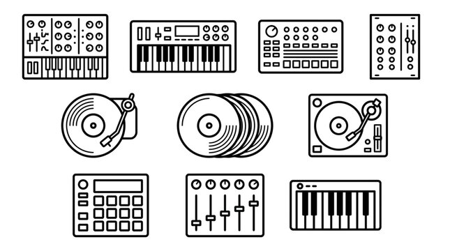 A collection of blackandwhite icons featuring various music production and DJ equipment