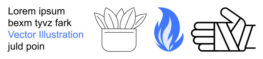 Fototapeta premium Nature, safety, healthcare, environment, recovery, protection. Black and blue designs of plant in pot, fire flame and bandaged hand. Nature and safety concepts