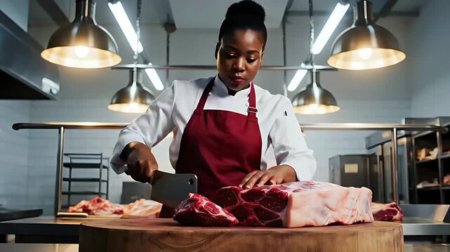 Black female butcher cutting raw beef with a cleaver in a kitchen. Professional chef in a white coat and red apron preparing fresh meat. Culinary skills concept for food industry marketing.