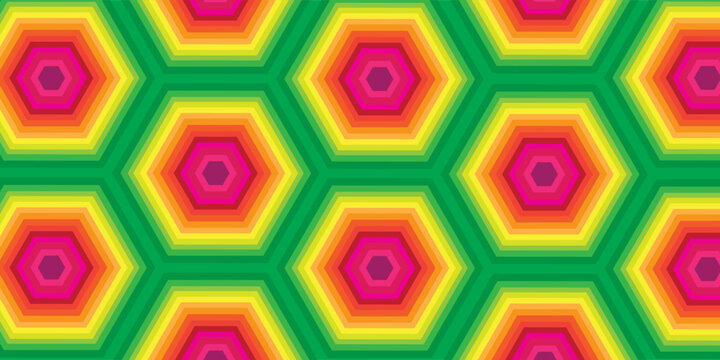 Colorful pentagon layers. Abstract geometric structure. Bright polygonal pattern. Optical depth illusion.