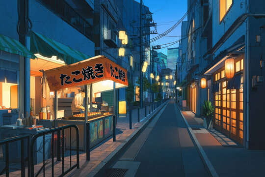 Takoyaki stall in japan , illustration 