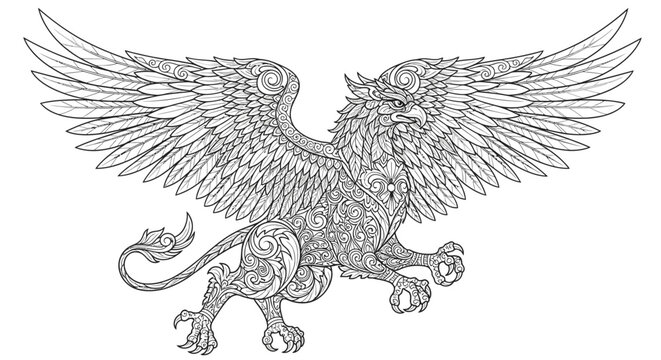 Detailed griffon creature in profile view line art.