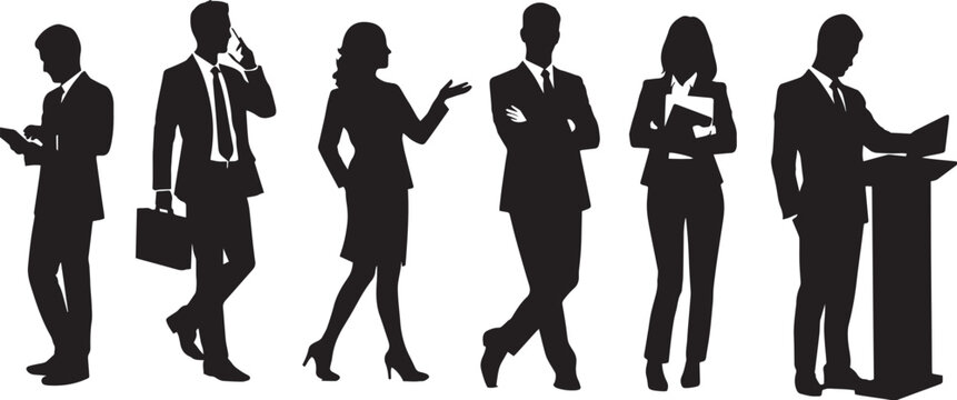 Professional business people silhouettes, corporate team of 6 office workers in suits, black vector figures for presentation and leadership concepts