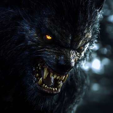 Terrifying Werewolf Portrait with Glowing Eyes Sharp Teeth and Dark Forest Background.