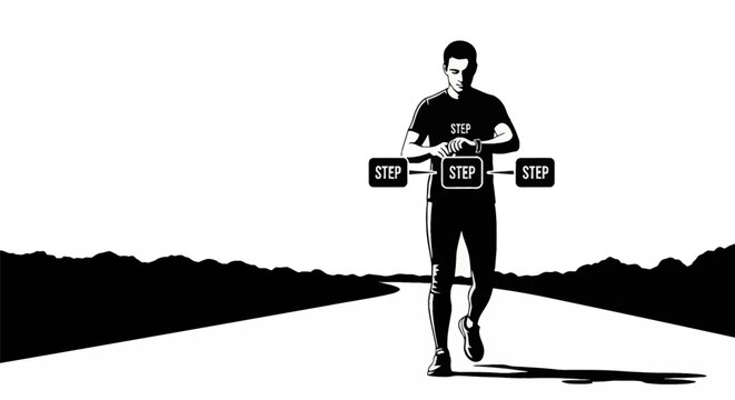 Black and white vector graphic showing a man in athletic wear walking on a road and monitoring his progress on a smartwatch with digital step count icons on a white background.