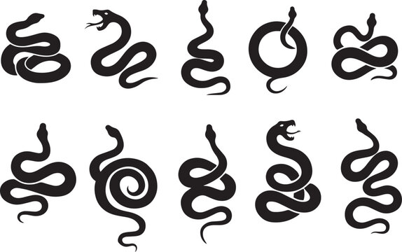 Black snake silhouette collection, set of 10 serpent vector icons, minimalist reptile graphic elements for logo design and tattoo art