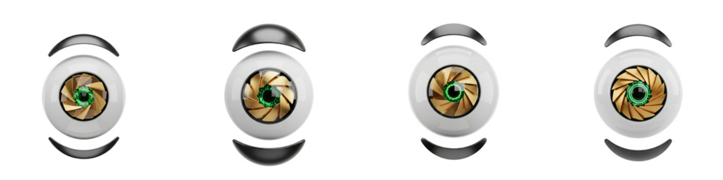 Futuristic robotic eyes with gold mechanical shutters on black background