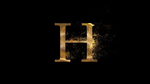 Golden letter H with particles, alphabet, abc, gold letter with transparent background, alpha channel