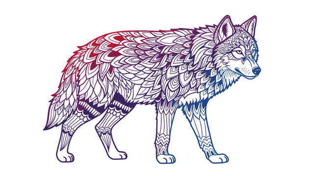 Colorful gradient wolf with intricate floral pattern art.