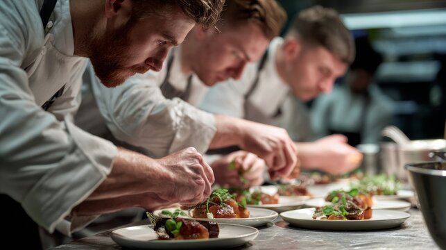 Chefs preparing dishes in a busy kitchen during a dinner service