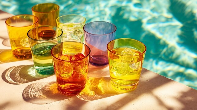 Tropical drinks set in colorful glasses by the poolside, summer party