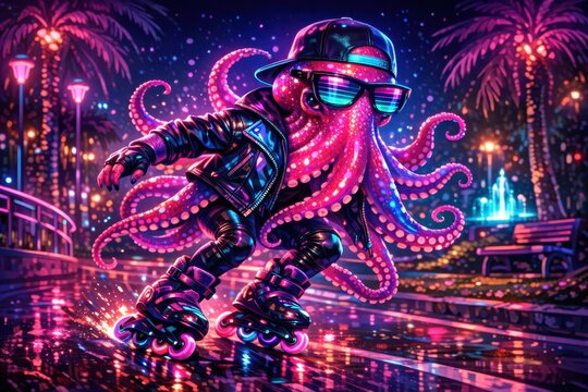 Neon octopus rollerblading through a vibrant park at night with flair
