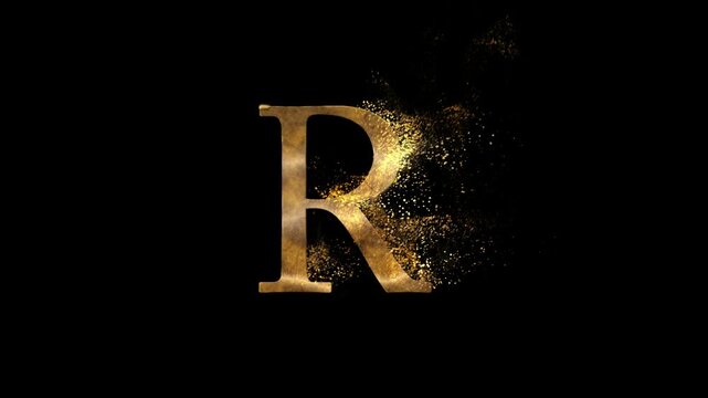 Golden letter R with particles, alphabet, abc, gold letter with transparent background, alpha channel