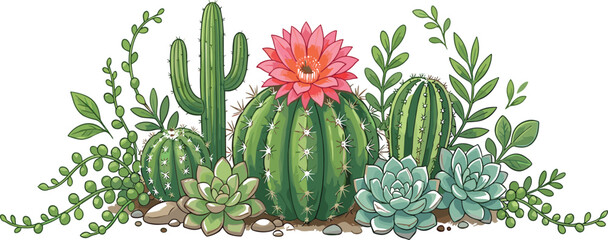 Decorative cactus and succulent garden vector illustration with blooming desert plants, greenery, and botanical arrangement isolated on white background © Sumon Creative