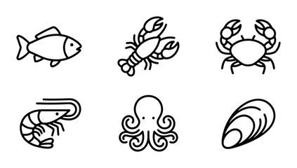 Seafood Icons Set: Fish, Lobster, Crab, Shrimp, Octopus, Mussel Vector Graphics for Culinary and Marine Themes © Foysal