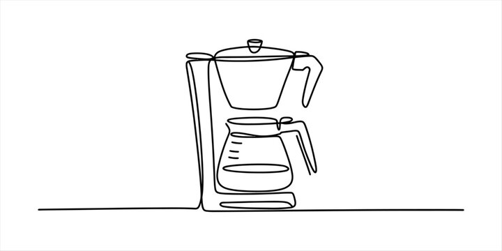 Continuous single line drawing of a coffee maker machine kitchen appliance for brewing hot drinks in a simple minimalist style illustration for home decor Vector, illustration