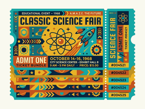 Retro Style Classic Science Fair Ticket - Educational Event 1968 with Atom and Rocket Graphics for Vintage Fun