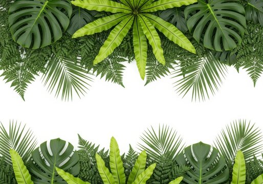 Tropical Green Leaves Border Frame with Monstera Palm and Fern on Whit