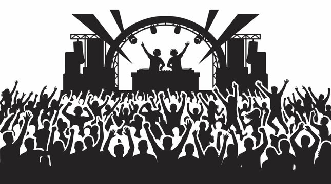 DJs performing on stage for cheering crowd silhouette