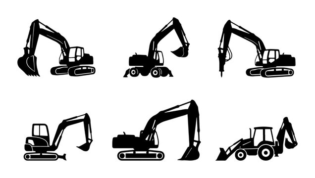 Set of 6 Black Excavator Icons, Construction Machinery Vector Graphics, Heavy Equipment Silhouettes for Industry and Building Projects