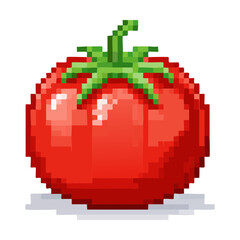 Fototapeta premium Ripe red tomato pixel art for farming simulator games and healthy cooking ingredient icons in classic retro digital style