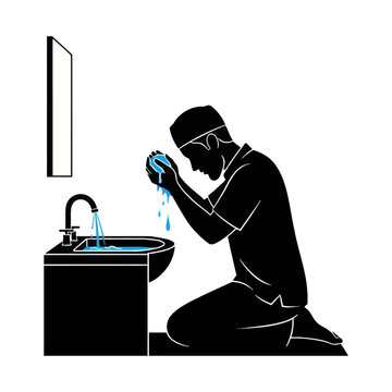 Minimalist black silhouette illustration of a Muslim man performing ritual wudu ablution at a bathroom sink, washing his face with blue water before prayer, isolated on white.