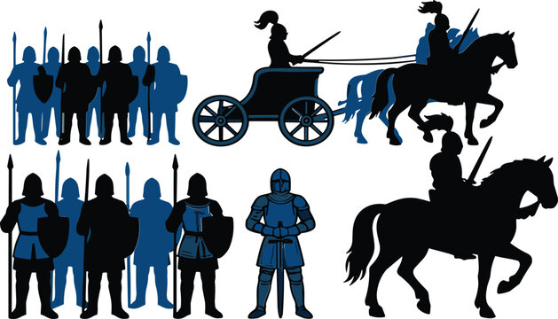 Medieval warrior silhouettes set with knights, horses, chariot, shields, and spears vector illustration for ancient battle and historical design