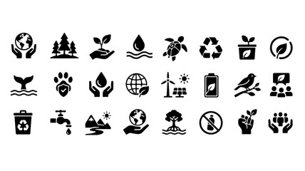 Naklejka premium A comprehensive collection of black and white vector icons representing environmental conservation, sustainability, and nature protection.