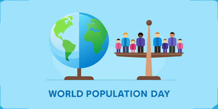 world population day illustration with balance scale and people