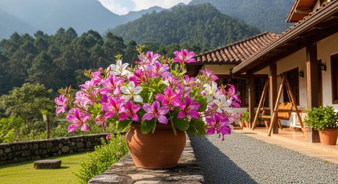 vibrant pink flowers in terracotta pot on stone wall