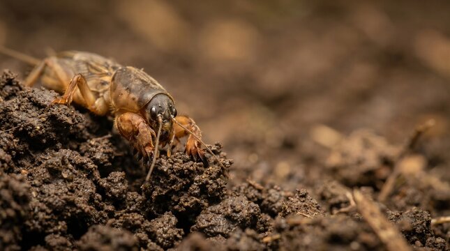 Mole cricket digging through soil