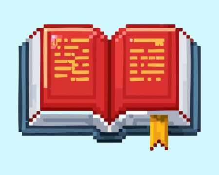 Open red lore book pixel art for historical knowledge and quest log interface icons in retro fantasy gaming design