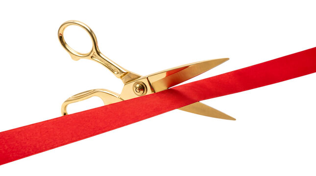 Golden Scissors Cutting Red Ribbon Isolated on Transparent Background