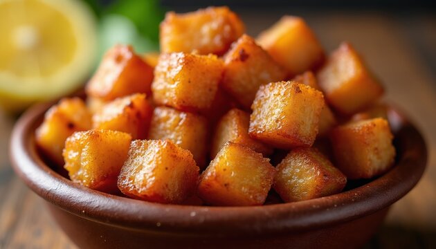 Crispy golden brown torresmo chunks piled high in rustic bowl. Close-up food shot shows savory fried pork belly with tempting texture. Juicy fat renders during cooking. A true culinary delight.