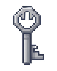 Fototapeta premium Simple silver metal key pixel icon for basic game interaction design and classic dungeon exploration inventory asset for retro video game projects