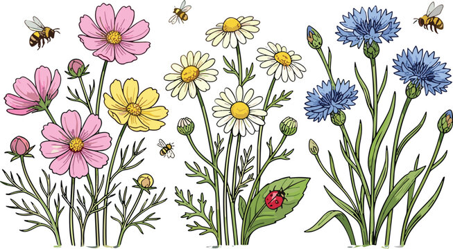 Wildflower meadow vector illustration with cosmos, chamomile, cornflower, bees, and ladybug for botanical spring garden decorative design