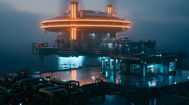 Futuristic research facility glows above ocean twilight a beacon of modern technological innovation and engineered design