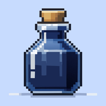 Dark blue potion bottle with cork pixel illustration for mystery alchemy theme and fantasy game inventory item for magical effect design asset