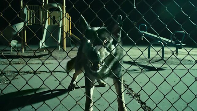 Aggressive dog with glowing eyes snarling behind a chain-link fence at night. A German Shepherd mix stands in a dark urban playground. Horror concept ideal for security and suspense marketing.