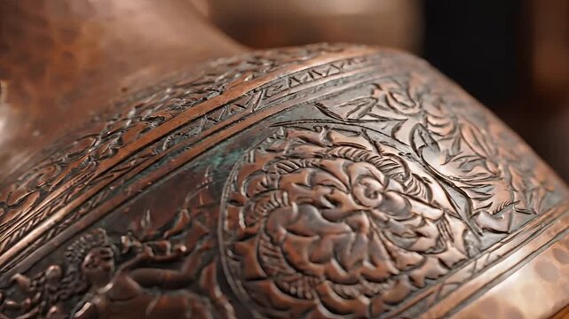 Closeup of intricately engraved antique copper vessel with detailed patterns.