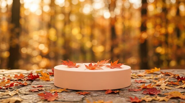 A fresh gourmet chocolate cake decorated with sweet cream and autumn leaves in the park makes a delicious dessert dish